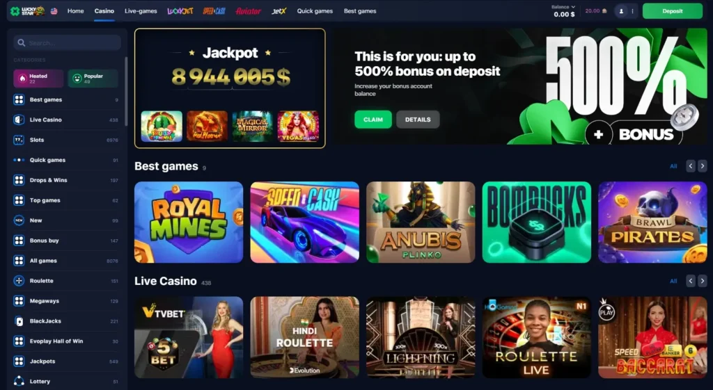 LuckyStar Online Casino games lobby
